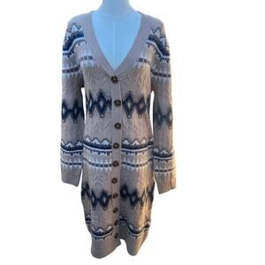 LUCKY BRAND Midi Sweater Dress  Nordic Beige Blue Gray Fair Isle Ski Snow Sz L